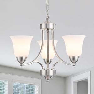 3-Lights Farmhouse Chandelier Brushed Nickel Modern Dining Room Light Fixture Silver Adjustable Ceiling Hanging Pendent Lighting with Frosted Glass for Kitchen Island, Living Room, Foyer
