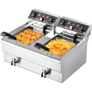 ROVSUN 24.9QT Electric Deep Fryer w/Frying Baskets Timer Drains & Lids, 3400W Dual Tank Kitchen Countertop Commercial Deep Fryer Frying Machine, Adjustable Temperature for Home Restaurant