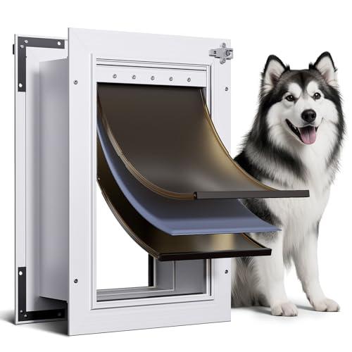 PETCOMING 3-Flap Dog Door, All Aluminum Alloy Large Doggy Doggie Door for Wall, Telescoping Tunnel, Heavy Duty Pet Door for Dogs, Insulation Layer, 2 Magnetic Flaps, Closing Panel, Pets Up to 110 LB