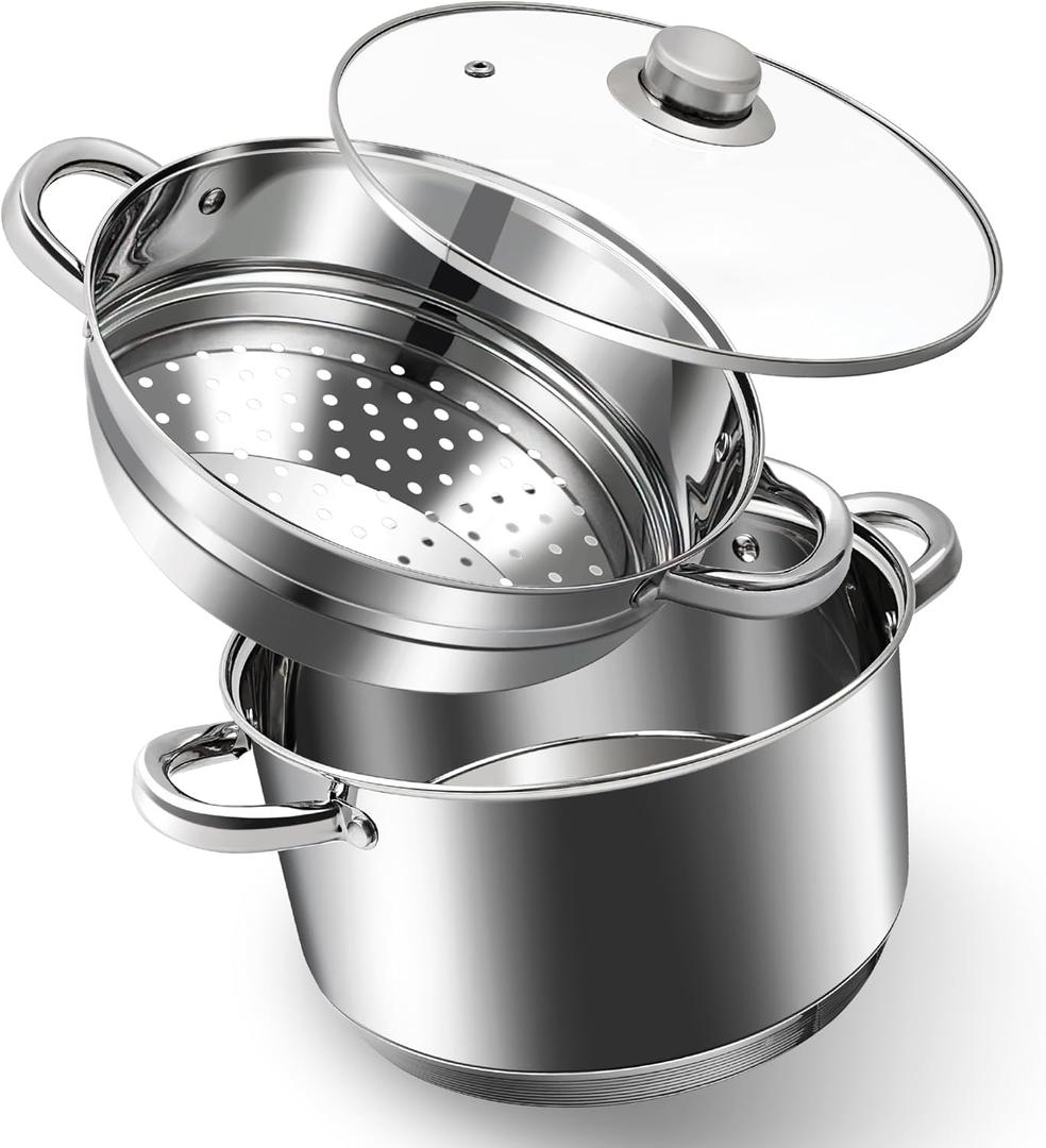 AuFranc 6 Quart 18/10 Stainless Steel Tri-ply Stockpot and Steamer with Tempered Glass Lid, Multipurpose Steamer Pot Compatible with All Cooktops, Non-Toxic Soup Pot, Oven & Dishwasher Safe (Silver)