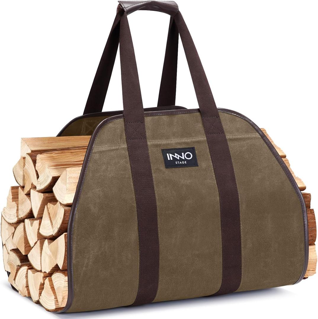 INNOSTAGE Firewood Log Carrier Tote Bag, 40"X19" Endless Hay Hauling of Fireplace Wood Stove Accessories for Outdoor Camping Khaki