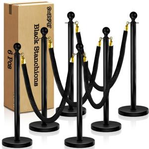 6 Pcs Black Stanchions with Velvet Ropes with 4 Pcs 5 Ft Black Velvet Ropes Carpet Ropes Posts Stanchion Set for Crowd Control Barriers for Weddings, Events, Hotels, and Party Decor