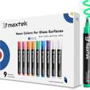 maxtek Neon Dry Erase Markers for Glass,Window Markers for Dry Erase Board,Chalkboard,LED Note Board,Acrylic Refrigerator Calendar,Bullet Tip,Low Odor,Assorted Colors,9 Count
