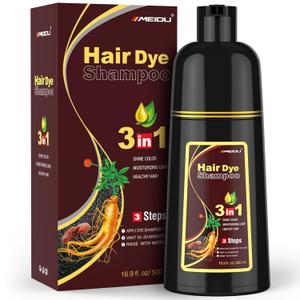 MEIDU Black Hair Dye Shampoo 3 in 1 for Gray Hair, Black Hair Dye for Women Men, Hair Color for Women Herbal Ingredients Natural (500ml,16.9oz) (Dark Brown)