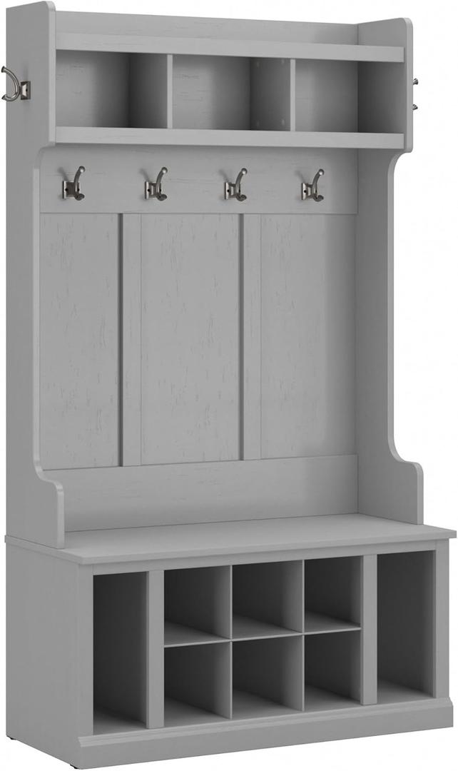 Bush Furniture Woodland 40W Hall Tree and Shoe Storage Bench with Shelves in Cape Cod Gray, Cubbies and Coat Hooks for Foyer, Mudroom, or Entryway Bush Furniture Woodland 40W Hall Tree and Shoe Storage Bench with Shelves in Cape Cod Gray, Cubbies and Coat Hooks for Foyer, Mudroom, or Entryway