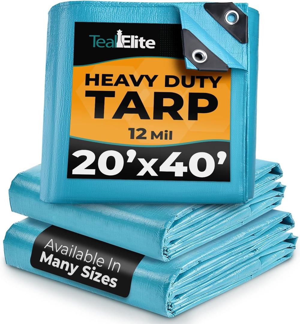 20x40 Heavy Duty Tarp Waterproof - 12mil Thick Pool Tarp Cover - 20x40 Tarp UV Resistant, Rip & Tear Proof with Metal Grommets – Blue Tarp Multipurpose Use for Camping, Tent, Boat, RV, Car