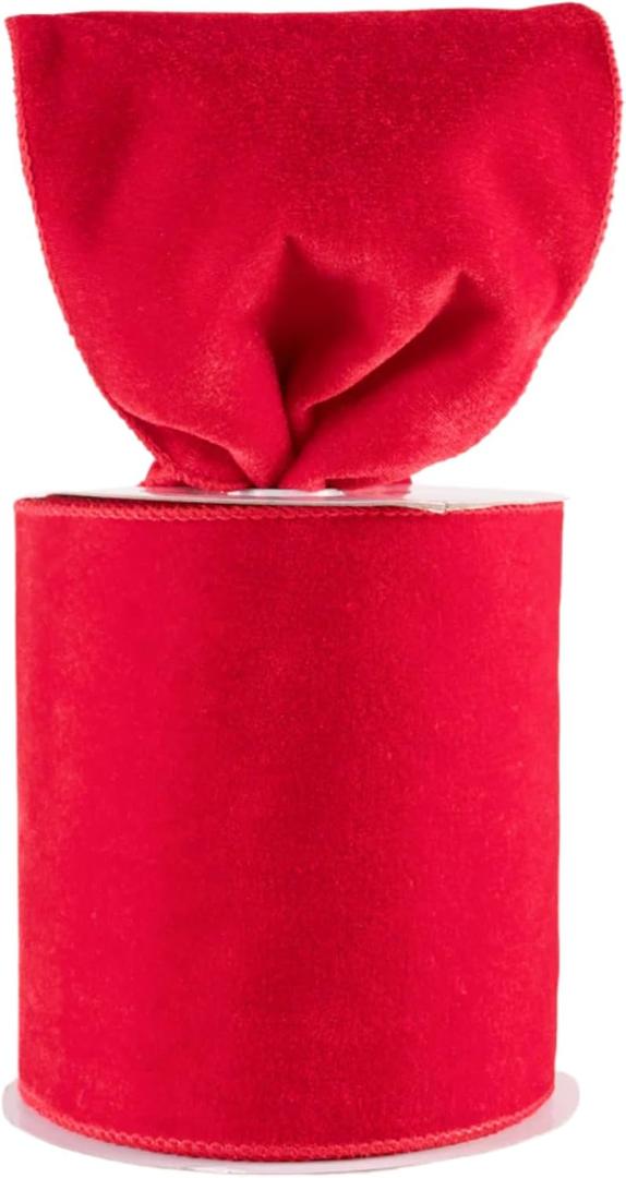 Velvet Wired Edge Ribbon, 4 Inch Width, Christmas Gift Wrapping Ribbon, Waterproof for Wreath DIY Crafts (Red, 20 Yards)