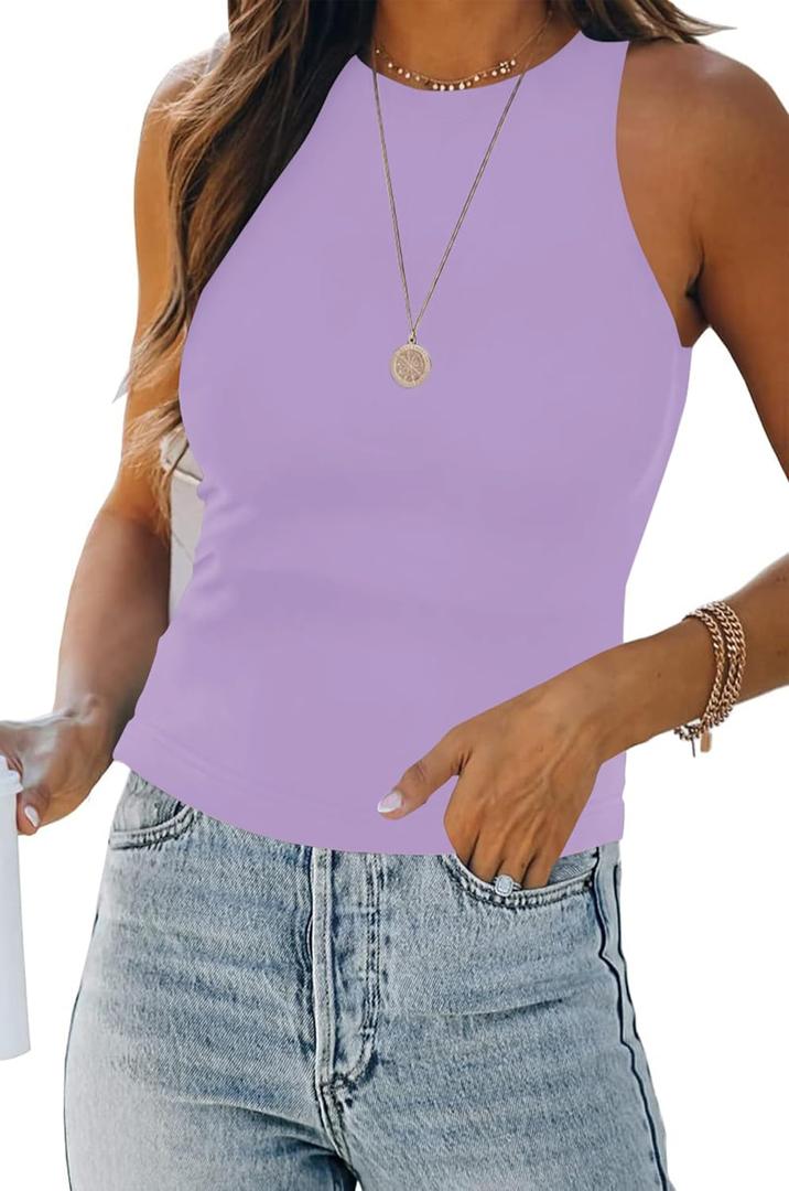 Womens Halter Tops Summer Sleeveless Shirts Sexy High Neck Fitted Tops Racer Back Tank Tops Blouses (Large, Purple)