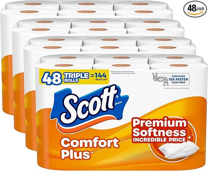 Scott ComfortPlus Toilet Paper, 48 Triple Rolls, 231 Sheets per Roll, Septic-Safe, 1-Ply Toilet Tissue