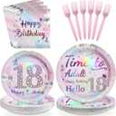 96Pcs 18th Birthday Party Decorations for Girls Time to Adult Plates and Napkins Iridescence Silver Pink 18th Tableware for Girls Time to Adult Eighteen Birthday Party Decorations Serve 24