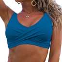 Fanuerg Women's Twist Front Bikini Top V Neck Push Up Padded Swimsuit Top Bathing Suits (Large, 01- Blue)