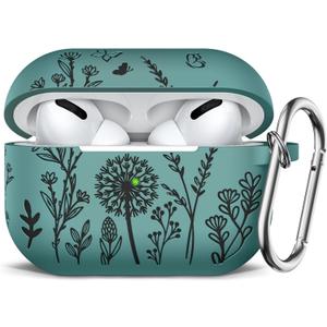 3 x Minyee Airpods Pro 2nd Generation Case, Cute Floral Engraved Soft Silicone Two-Tone Protective Cover Compatible with Apple Airpods Pro 2nd & 1st Generation Case with Keychain Women, Pine Green/Black
