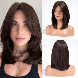 Alanhair Dark Brown Wigs for Women with Curtain Bangs 16 Inches Shoulder Length Natural Synthetic Wig for Daily Use