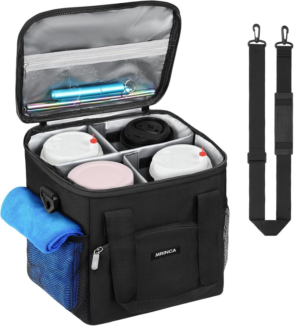 Reusable Drink Carrier with Handle  Durable Insulated, Collapsible & No-Spill 4-Cup Beverage Tote with Reinforced Bottom, Adjustable Dividers & Shoulder Strap for Travel, Car and Delivery