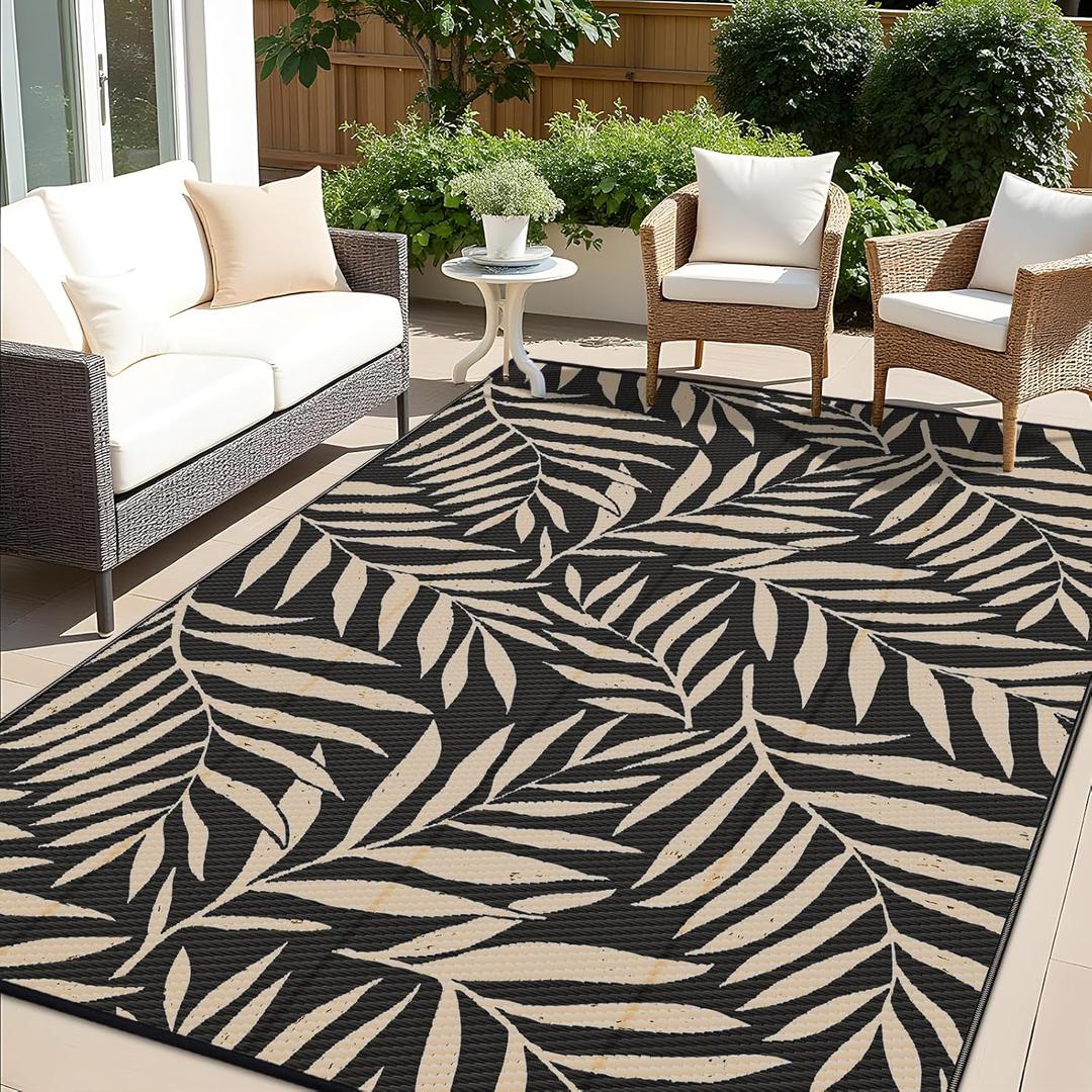 OLANLY Waterproof Outdoor Rug 8x10 ft, Reversible Outdoor Plastic Straw Rug with Leaf Pattern, RV Mat, Indoor Outdoor Carpet for Patio, Camping, Balcony, Deck, Backyard, Black & Beige OLANLY Waterproof Outdoor Rug 8x10 ft, Reversible Outdoor Plastic Straw Rug with Leaf Pattern, RV Mat, Indoor Outdoor Carpet for Patio, Camping, Balcony, Deck, Backyard, Black & Beige