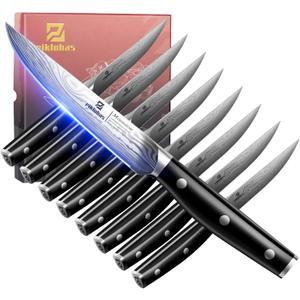 Steak Knives Set of 8, 4.5 Inch Non Serrated Dinner Knife, Forged German Steel Damascus Pattern Straight Edge Meat Knife with Full Tang Handle, Dishwasher Safe, Ideal for Gift (Black)