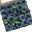 Ling's Moment Artificial Flowers 25Pcs Navy Blue Roses Decor w/Stems,3" Real Touch DIY Foam Floral for Wedding Bouquet/Centerpieces, Outdoors Party Backdrop, Room/Table, and Garden/Pot Decorations