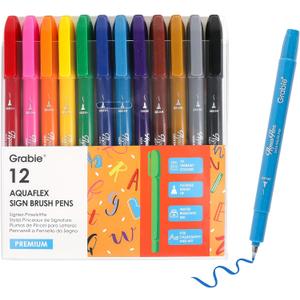 Grabie AquaFlex Sign Brush Pen Set of 12  Flexible Brush Tip with Waterproof, Archival Ink for Calligraphy, Journaling, Drawing & Illustration  Vibrant, Quick-Drying, Non-Toxic & Smudge-Proof