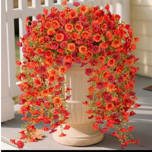 Pack Of 2 Hrobek Artificial Fall Hanging Flowers for Decoration, 2pcs Long Vine Fake Flowers Plants Morning Glory, Realistic Faux Petunias for Planter Patio Porch Garden Autumn Outdoors Dec, Orange Red