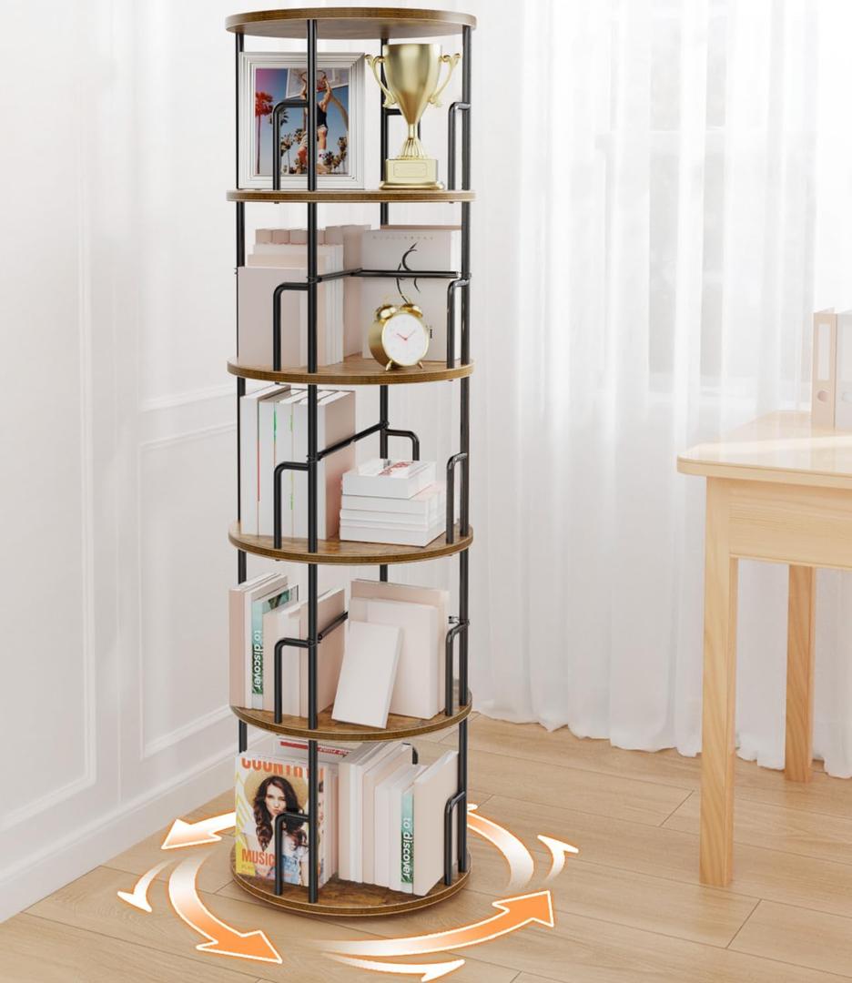 5 Tier Rotating Bookshelf Tower Round,Tall Floor Standing Spinning Bookshelf Tower Anti-Tipping Design,Metal & Wood Revolving Bookcase Stackable Space Saving for Small Spaces,Study,Living Room,Bedroom (Rustic Brown)
