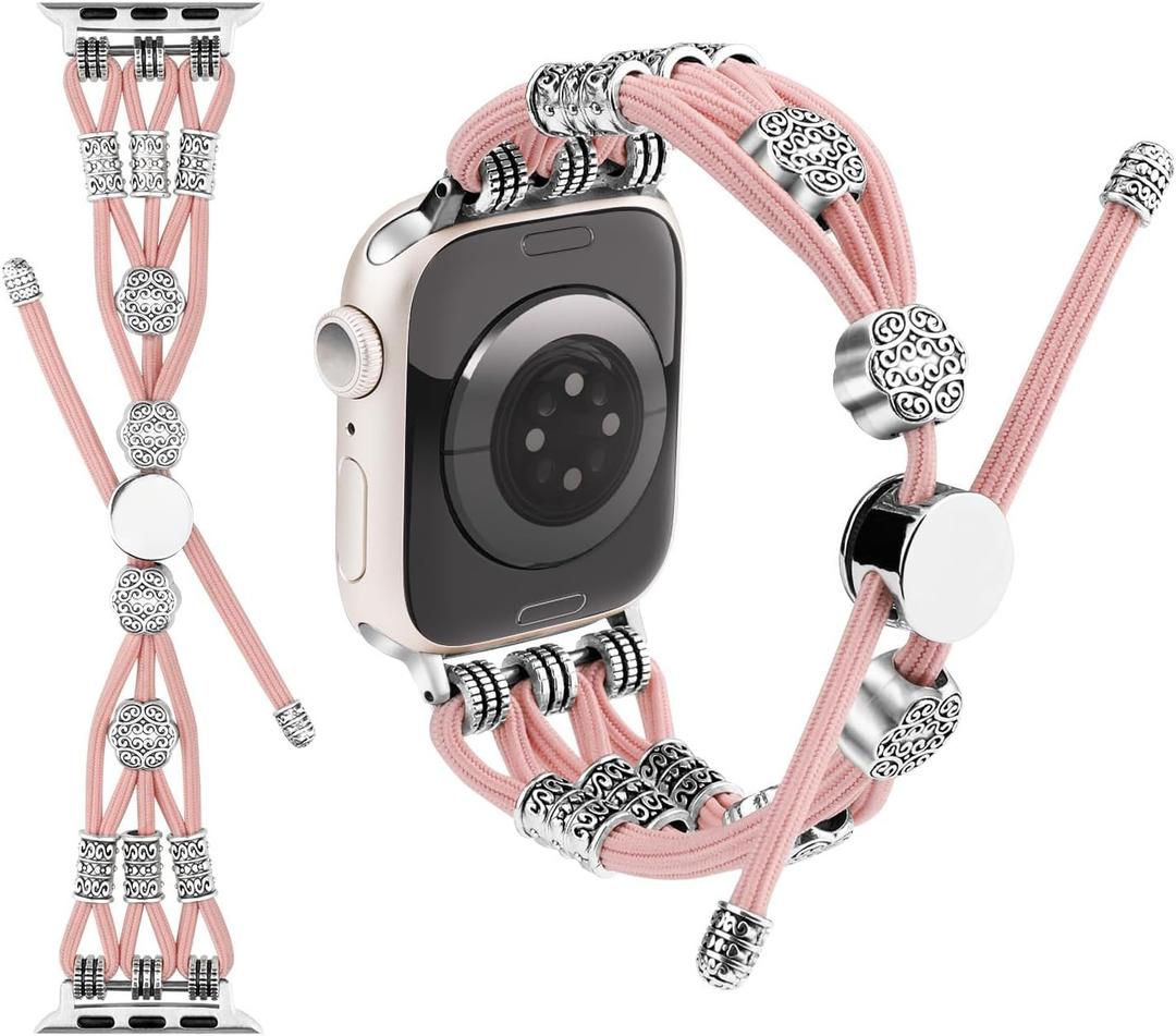 Compatible with Apple Watch Band Boho Beaded Woven Watchband Adjustable Nylon Braided Elastic Cord for Women iWatch Series 10/9/8/7/6/5/4/3/2/1 SE Ultra 49mm/46mm/45mm/44mm/42mm/41mm/40mm/38mm
