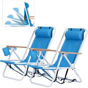 Outvita Folding Beach Chair Adjustable Headrest w/4 Flexible Tilt Angle, Cup Holder Portable High Strength Cleanable Fabric, for Sand Camping Lawn Concert Travel Festival (Blue) 2 Pack