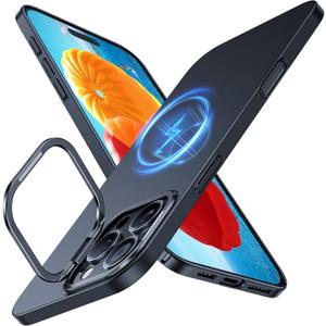 TORRAS Magnetic Slim Fit for iPhone 16 Pro Case with Stand, Compatible with MagSafe, Built-in Stash Stand, Ultra Thin 16 Pro Case, Lightweight Anti-Scratch Matte Hard Phone Case 6.3 inch, Black