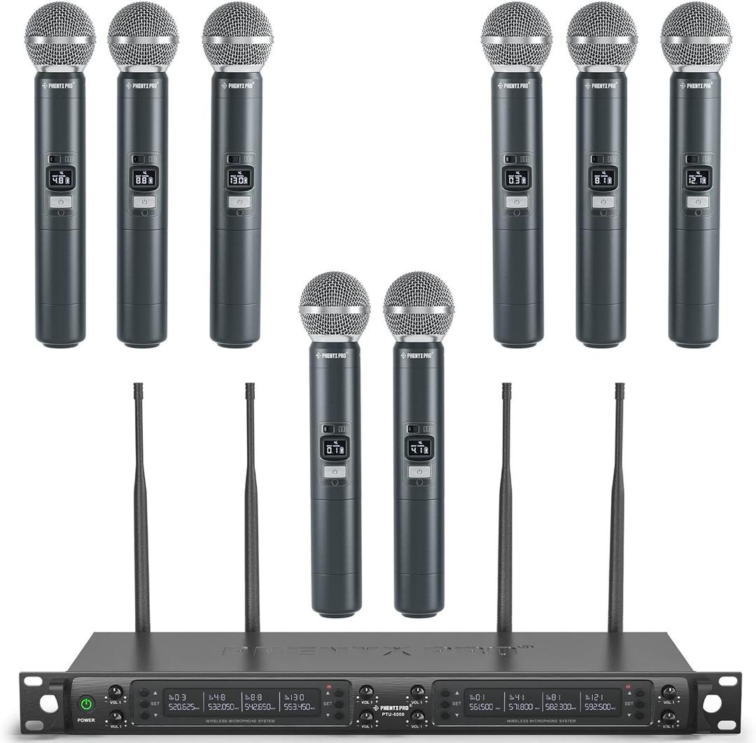 Phenyx Pro Wireless Microphone System, 8-Channel Wireless Mic, w/ 8 Handheld Dynamic Microphones, Auto Scan,8x40 UHF Frequencies, 328ft Range, Mics for Singing,Church, Karaoke(PTU-6000-8H)