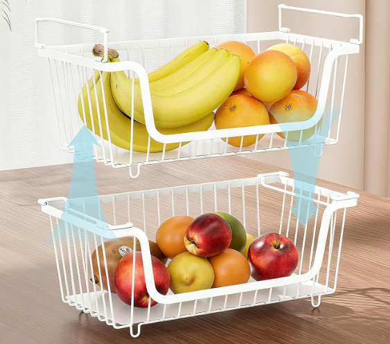 GAOKASE 4 Pcs Stackable Wire Baskets for Pantry Organizers and Storage,Vegetable Fruit Basket for Countertop,Kitchen Storage Metal Baskets,Produce Potato Onion Storage Bin,White