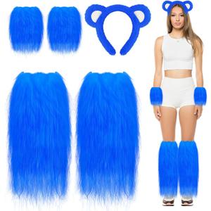 Halloween Bear Costume Bear Headbands Feather Boas Faux Fur Leg Warmers Skirts Tail Tutu Skirt Animal Cosplay Outfit (3, Blue Style 3)