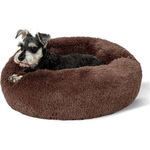 Bedsure Calming Dog Bed for Small Medium Dogs - Donut Washable Medium Pet Bed, 27 inches Anti-Slip Round Fluffy Plush Faux Fur Cat Bed, Coffee