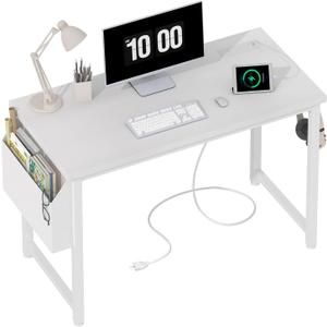 Lufeiya White Computer Desk with Power Outlet, 40 inch Simple Teen Study Table Home Office Work Writing Desks with Charging Station Outlets USB Port Built in, Storage PocketWhite Lufeiya White Computer Desk with Power Outlet, 40 inch Simple Teen Study Table Home Office Work Writing Desks with Charging Station Outlets USB Port Built in, Storage PocketWhite