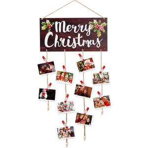Christmas Card Holder - Merry Christmas Wooden Hanging Picture Display with 30 Photo Clips for Xmas Cards, Home Wall, Door, and Window Decor (Brown)