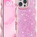 FABSPARK Case for iPhone 14 Pro Max,Crystal Diamond Rhinestone Shiny Bling Sparkly Glitter,Glossy Luxury Electroplated Curly Wavy Frame Wave Case,Aesthetic Cute for iPhone 14 Pro Max,Pink