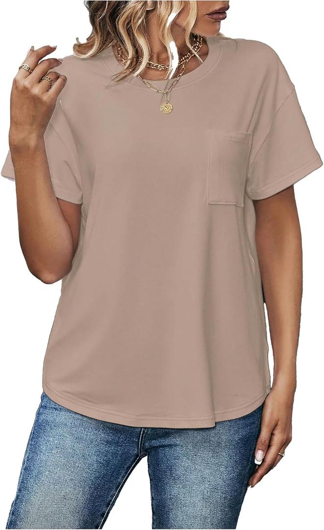 winkbay Women's Summer Crew Neck Short Sleeve T Shirts Dressy Casual Drop Shoulder Basic Tops Khaki Medium