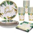 96 Pcs Jungle Safari Baby Shower Decorations Tableware Set, Oh Baby Paper Plates Cups and Napkins for Baby Shower and Birthday Party, Serves 24