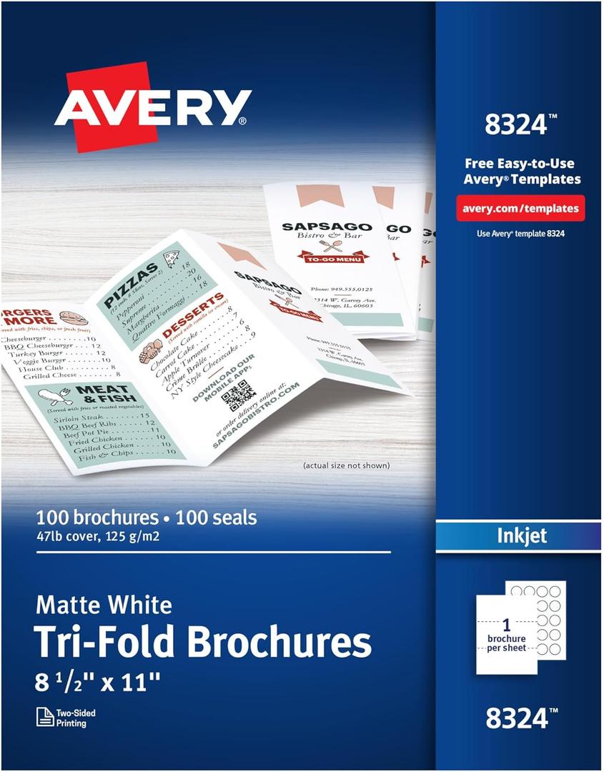 Avery Printable Tri-Fold Brochures with Mailing Seals, 8.5" x 11", Matte White, 100 Blank Brochure Paper for Inkjet Printers (08324) (One Size)