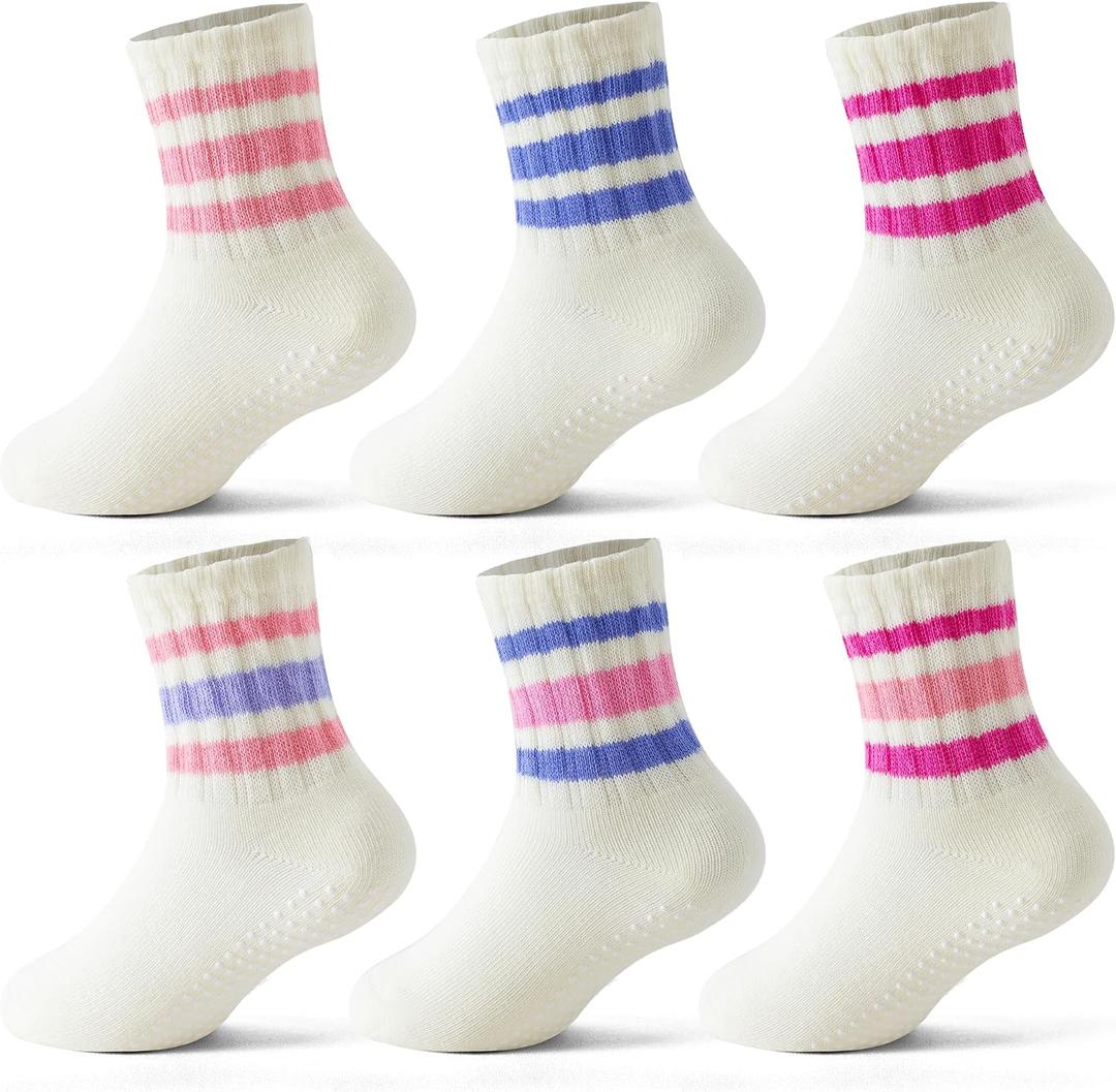 Toddler Socks with Grips, Seamless Non-Slip Crew Baby Boy Girl Grippy Socks (White)