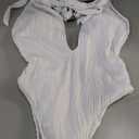 ZAFUL Women's One Piece Swimsuit Deep V Neck Ribbed Self Tie Sexy High Cut Bathing Suit Crisscross Back Swimwear (White), S