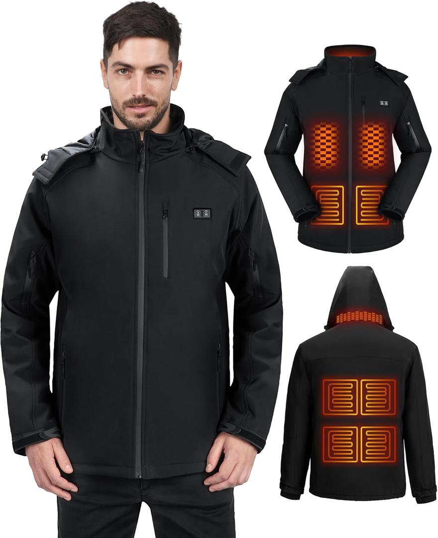 Heated Jacket for Men with 9 Heat Zones, Detachable Hood Mens Heated Jacket, Soft Shell Heating Coat for Winter (XX-Large, Black)