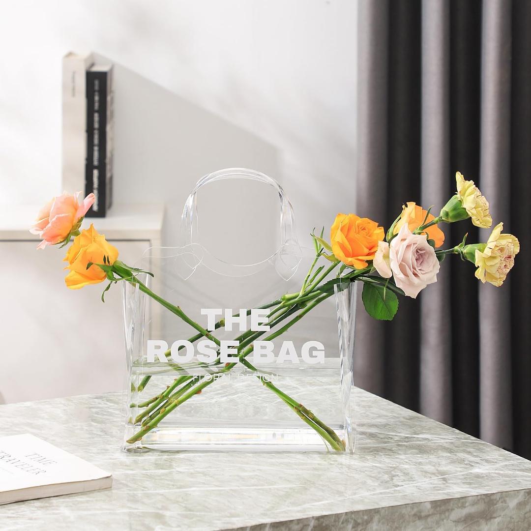 Purse Vase for Flowers, Clear Acrylic Bag Vase, Modern Aesthetic Vases for Home Decor, Decorative Tote Bag Vases for Wedding, Living Room, Bedroom, Table, Office (White)