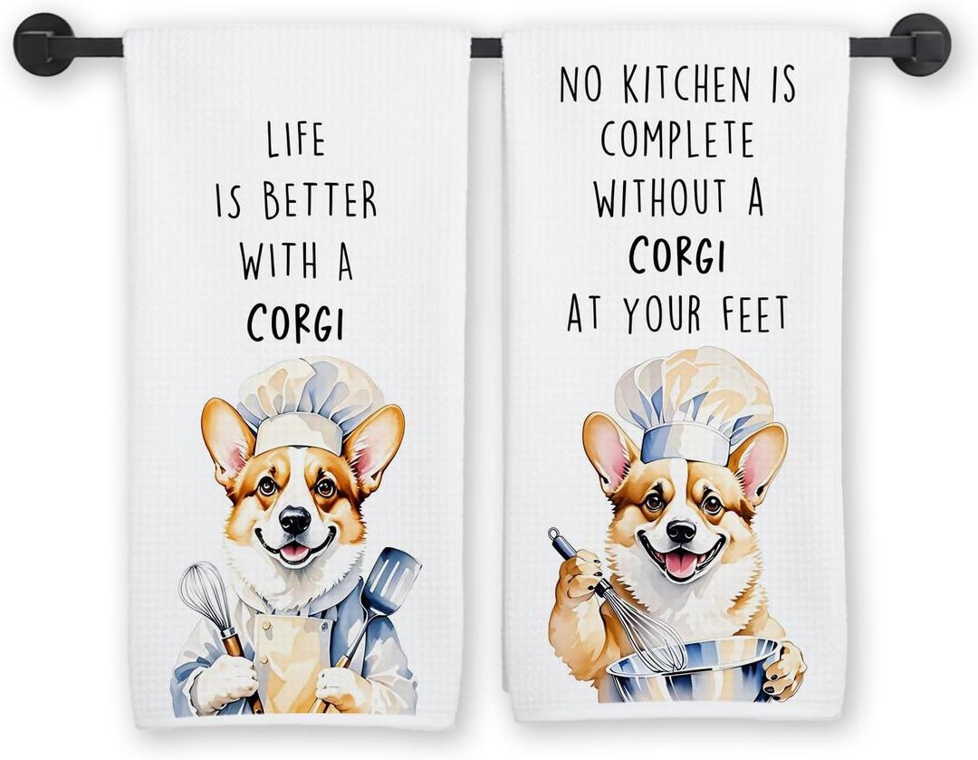 Funny Corgi Dog Kitchen Towels, Gifts for Corgi Lovers Dish Tea Towels, Dog Lover Gifts for Women Men Decorative Hand Towel for Kitchen, 16x24 Inch Set of 2