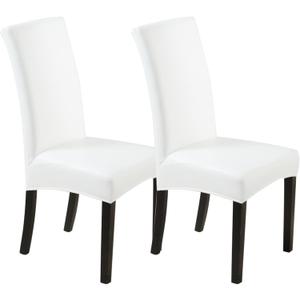 Waterproof Dining Chair Covers - Solid Oilproof PU Leather Chair Covers 2 Pack, Stretch Protector for Kitchen & Dining Room (White, 2PC)