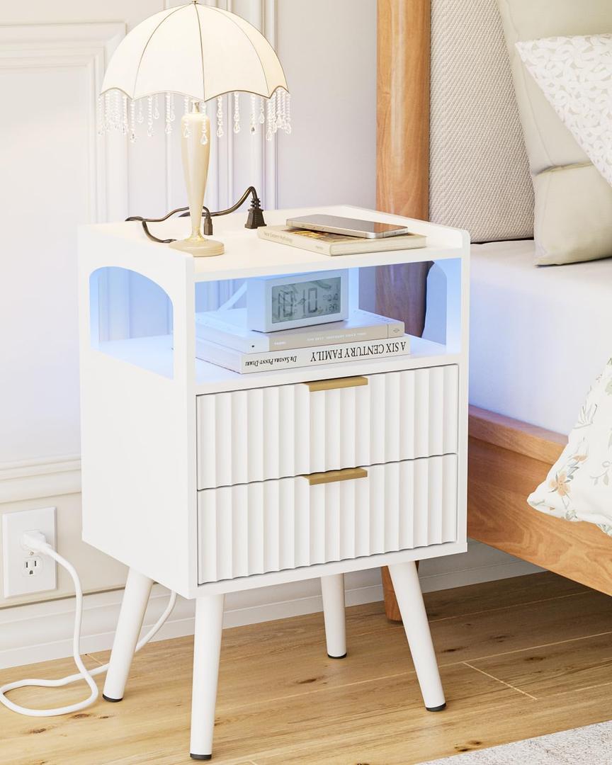 Nightstand with Charging Station and LED Lights,Modern Bedside Table with 2Drawer and Open Shelf,White Night Stand with Solid Wood Legs,End Table for Living RoomBedroom and Small Spaces