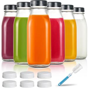 YEBODA 16oz Glass Milk Bottle with Plastic Tamper-proof Caps (6 Pack) Vintage Reusable Dairy Drinking Containers, Glass Bottles for Milk, Juice,Yogurt, Smoothies, Honey, Tomato Sauce, Jam, Syrup