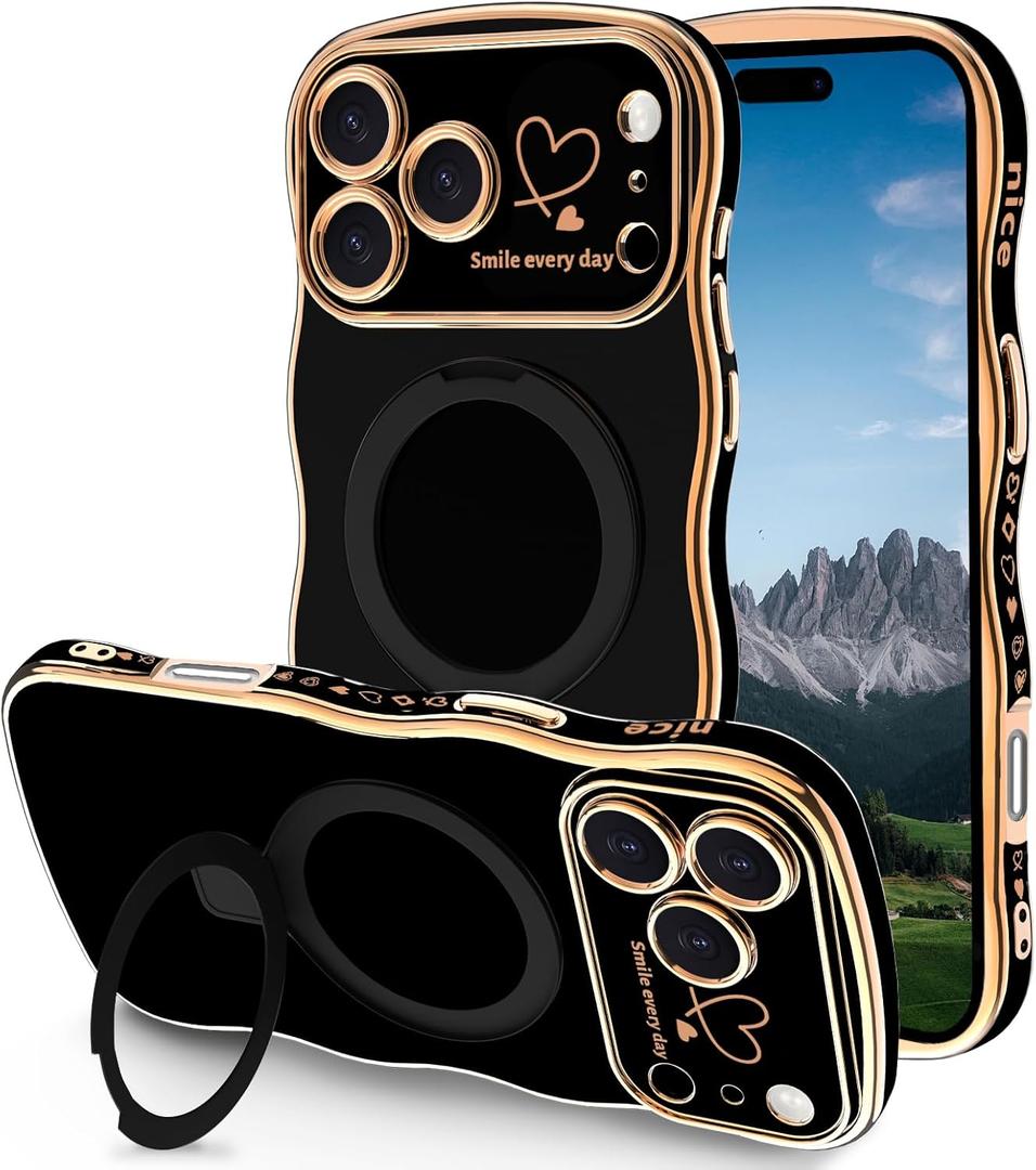 Case for iPhone 17 Pro with Magnetic Stand, Luxury Plating Curly Wavy Frame and Cute Heart Pattern, Lens Edge Raised Protection, Slim Shockproof Soft Case for iPhone 17 Pro-Black