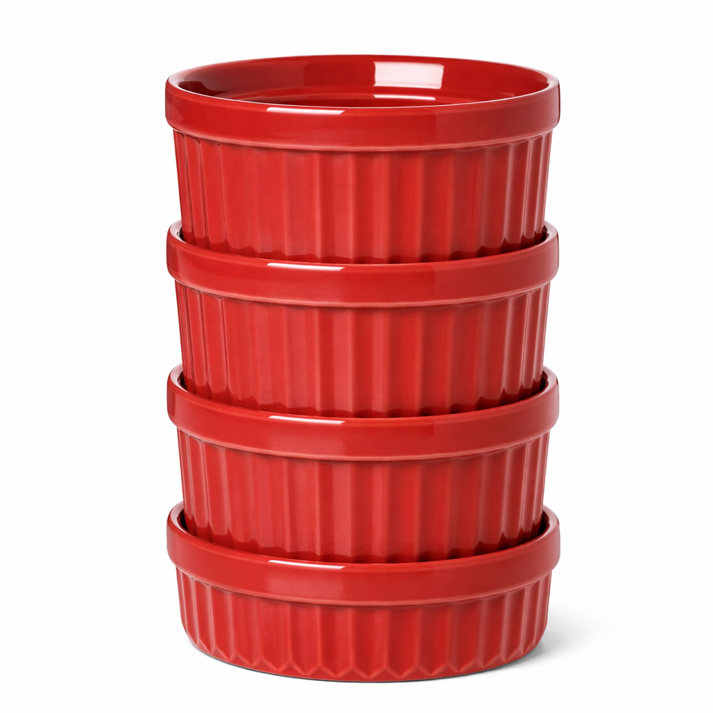 LE TAUCI Ramekins 4 OZ Oven Safe, Creme Brulee Ramekins, Pudding Custard Cups Souffle Ramiken, Dipping Sauce Dishes, Ceramic Ramekin Bowls Set of 4, True Red