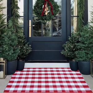 Red and White Plaid Rug Christmas Outdoor Front Door Mat Cotton Hand-Woven Washable Rug for Layered Door Mats Carpet for Farmhouse, Porch, Entryway, Living Room(Red and White, 27.5"43.3")