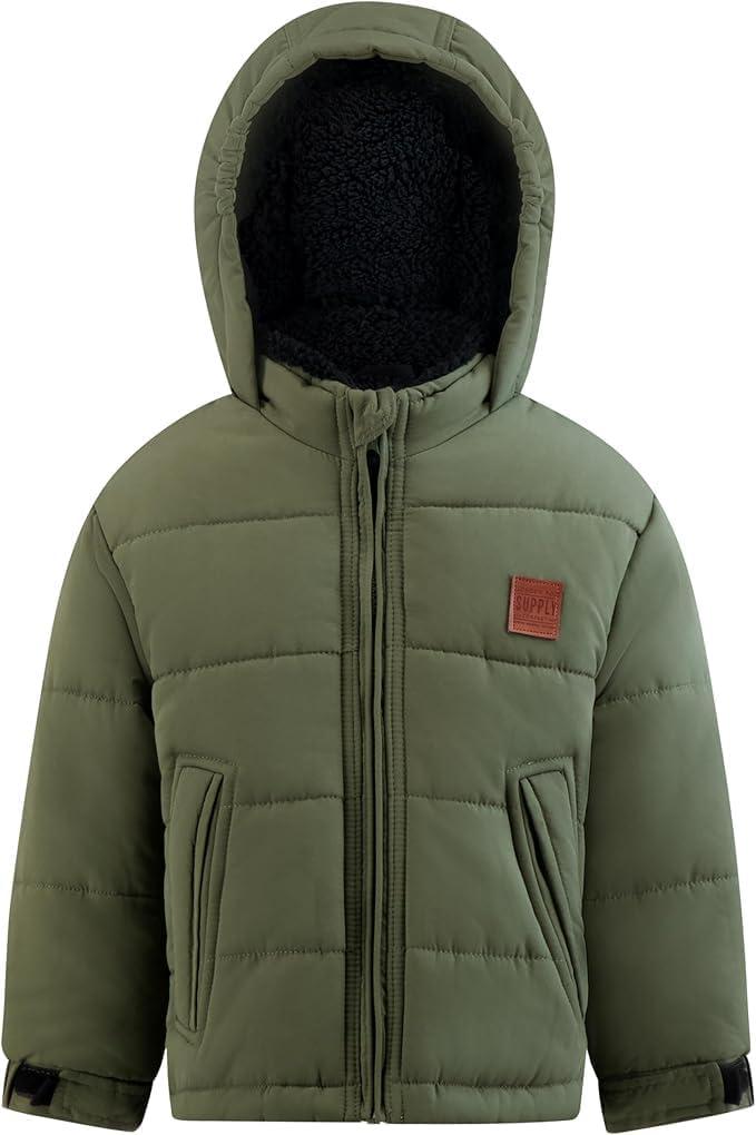 LONDON FOG Boys' Heavyweight Stylish Winter Puffer Jacket, OLIVE, L/14-16