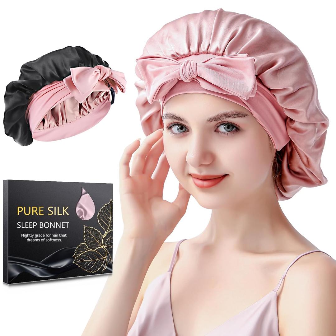 Silk Bonnet for Sleeping Women, 22 Momme 100% Mulberry Silk Sleep Cap, Double-Layer Reversible Silk Hair Wrap for Women & Night Hair Care, Fits All Hair Types  Pink